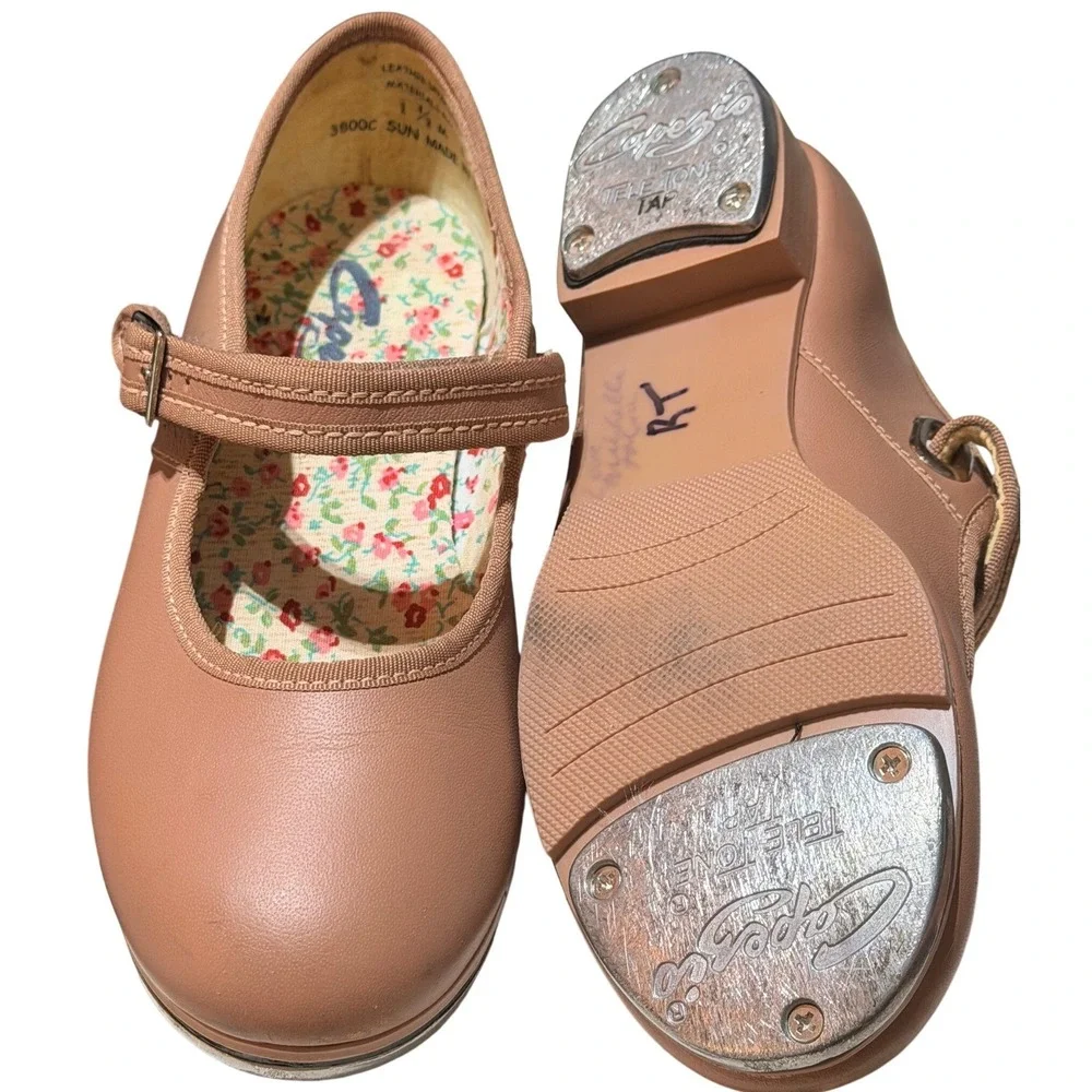 Capezio Tap Shoes Girls 1.5 M Caramel Leather Mary Jane 3800C Tele Tone Floral